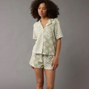 Women's Sage Green Check & Floral Short Cotton Gauze Lounge Set